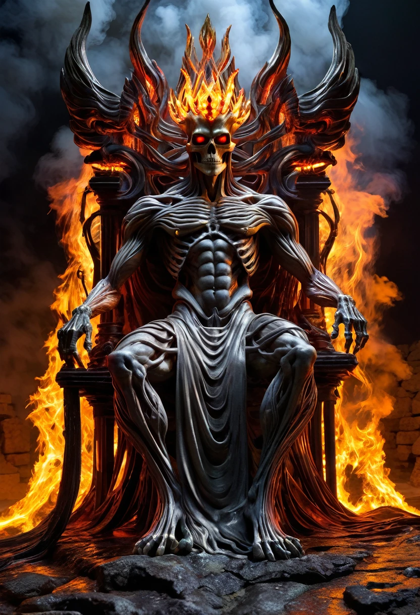 Danligur, the Fire Skeleton King, Eva, emerging, fallen alien temples, 4th dimension, hyper realistic