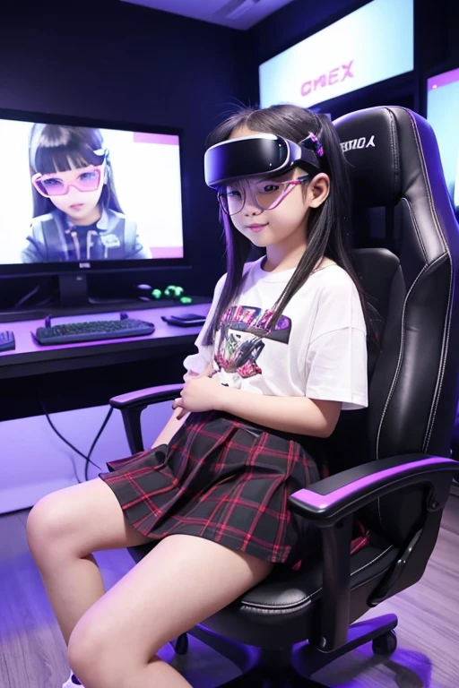 A cute 6  Japanese girl is sitting on a chair designed for gamers and playing games in a professional gaming room with a large screen, a spacious room designed for professional gamers.
The girl wear transparent colorful virtual reality colorful white glasses, she wears a short skirt,
Photo of the entire room,
The sign reads "VICTORIA VR"