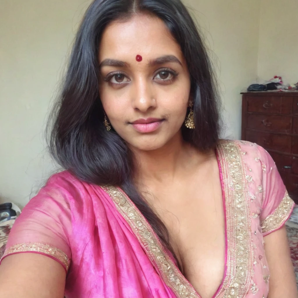 phone photo of Indian girl at home, Pink Saree, deep cleavage visible, uploaded on snapchat