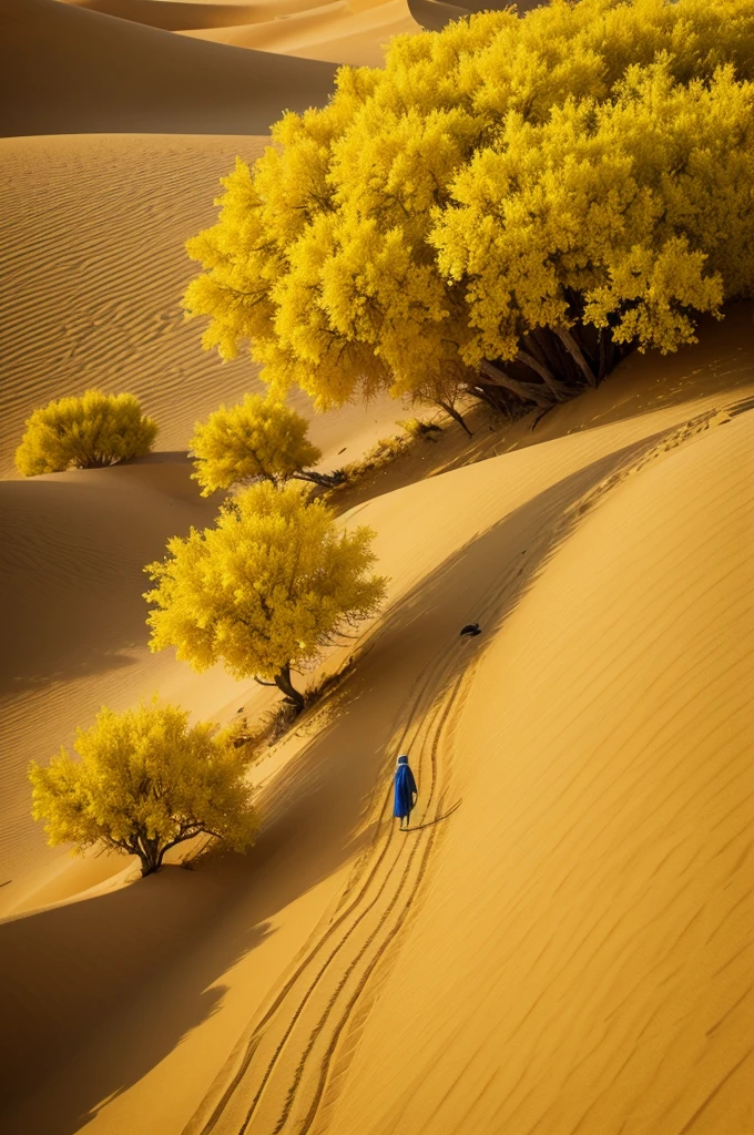 Imagem em wide, Arabian desert with yellow flower trees on the dune
