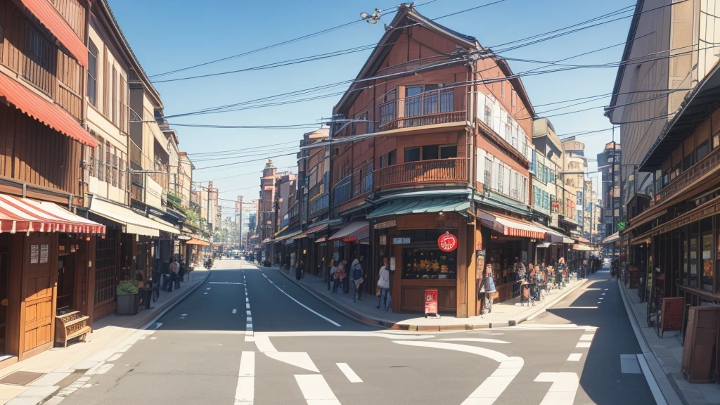 a bustling city street in yokohama on a warm afternoon, clear blue sky, detailed architecture, pedestrians, cars, stores, warm lighting, photorealistic