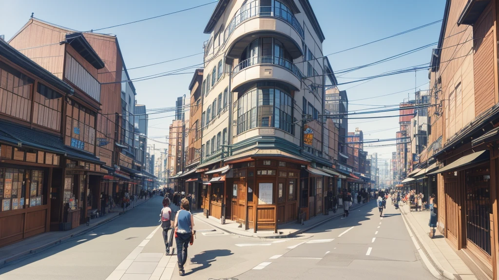 a bustling city street in yokohama on a warm afternoon, clear blue sky, detailed architecture, pedestrians, cars, stores, warm lighting, photorealistic