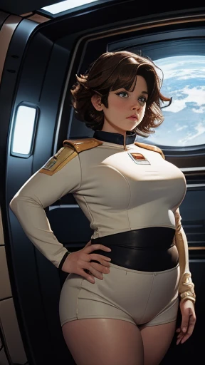 Brown hair, out of shape body, medium breast, round wide hips, fat chubby waist, solo, SPACE pilot costume, looks at the viewer in space, spaceship cabin, short frazzled hair, blushing, determination., 8 thousand., Extreme detail,