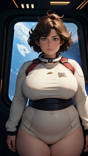 Brown hair, out of shape body, medium breast, round wide hips, fat chubby waist, solo, SPACE pilot costume, looks at the viewer in space, spaceship cabin, short frazzled hair, blushing, determination., 8 thousand., Extreme detail,
