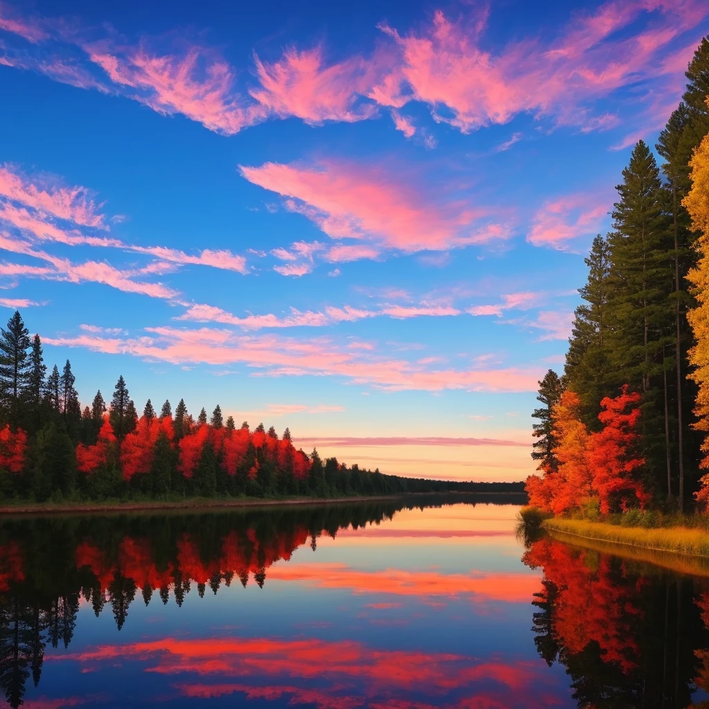 Superior view, there is a beautiful forest with a lake and trees in the background, colorful skies, surreal colors, colorful sunset, colorful sky, marvellous reflection of the sky, stunning sky, dream like atmosphere 8k, colorful clouds, colors reflecting on lake, surreal sky, red and blue reflections, fire reflection, beautiful sky, beautiful and spectacular dusk, beautiful dreamy landscape, amazing sky