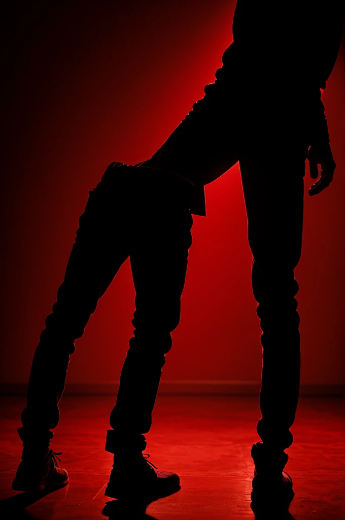 Man 1879 silhouette backlit shadow cast on the floor of a demon blood red background