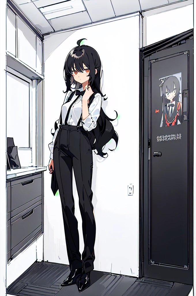 (((shy girl))), (((1 Girl))), (((standing up))), (((full body))), ((small breasts)), ((((Mysterious Girlfriend X anime style haircut)))), (((hair bangs cover eyes))), (((((eyes hiding behind hair))))), (((black wavy hair))), ((((black high-waist long slacks)))), ((black suspenders)), (((black tie))), (((women's dress shirt))), ((women's dress shoes)), ((20-year-old Office Lady)), ((((Office Setting))).