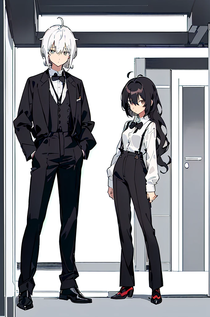 (((shy girl))), (((1 Girl))), (((standing up))), (((full body))), ((small breasts)), ((((Mysterious Girlfriend X anime style haircut)))), (((hair bangs cover eyes))), (((((eyes hiding behind hair))))), (((black wavy hair))), ((((black high-waist long slacks)))), ((black suspenders)), (((black tie))), (((women's dress shirt))), ((women's dress shoes)), ((20-year-old Office Lady)), ((((Office Setting))).