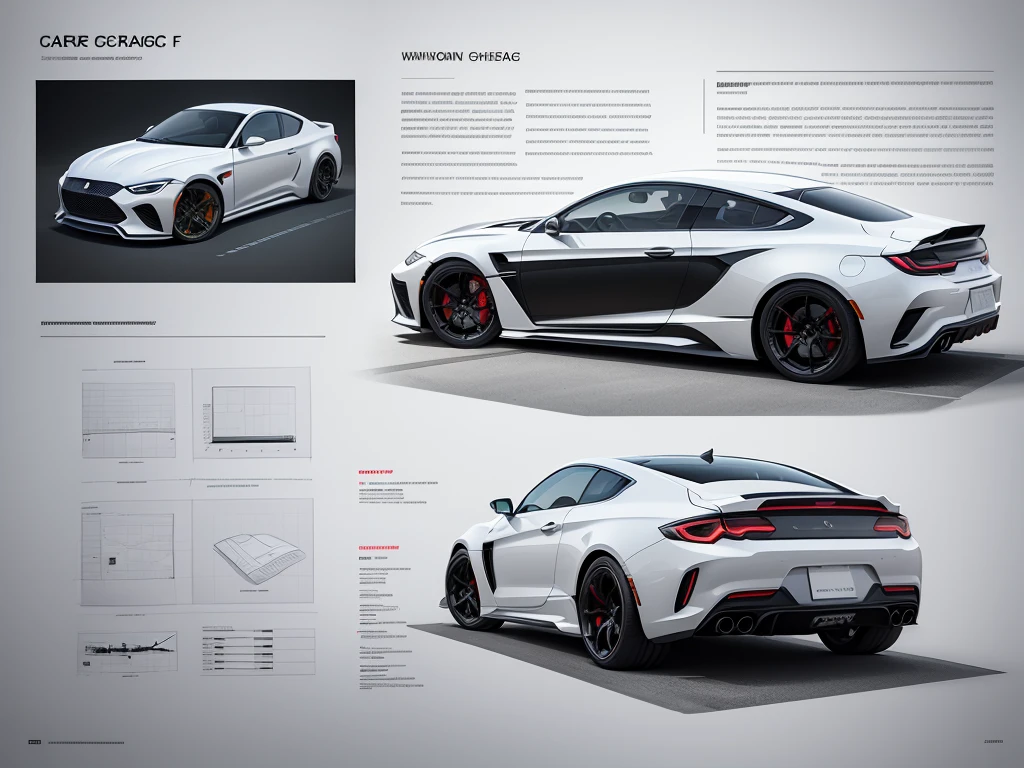 car design sheet page , informative graphs, concept sheet illustration, make it on white sheet, minimalism, white paper, white backround
