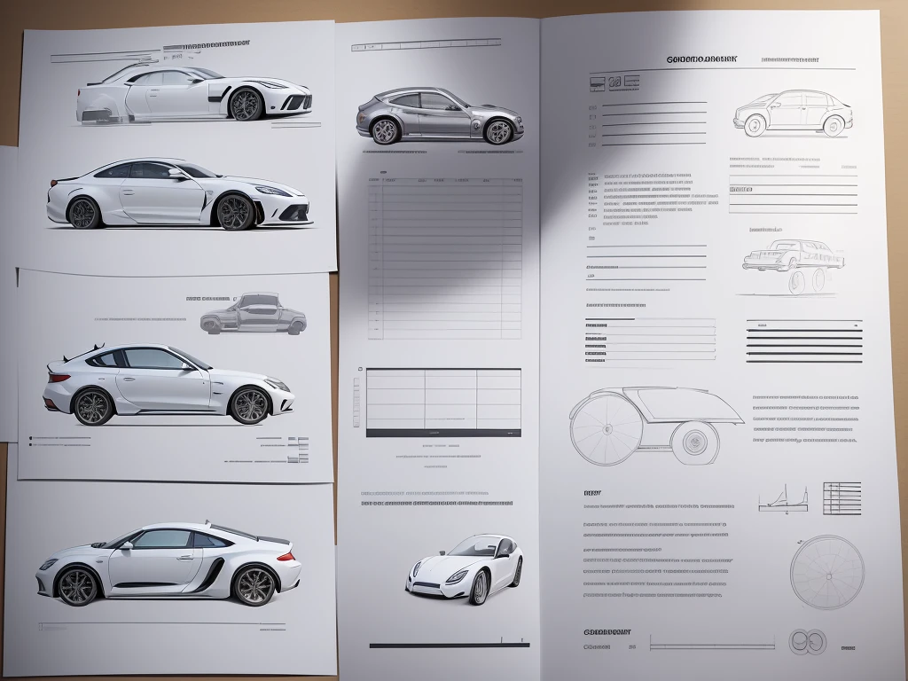 car design sheet page , informative graphs, concept sheet illustration, make it on white sheet, minimalism, white paper, white backround