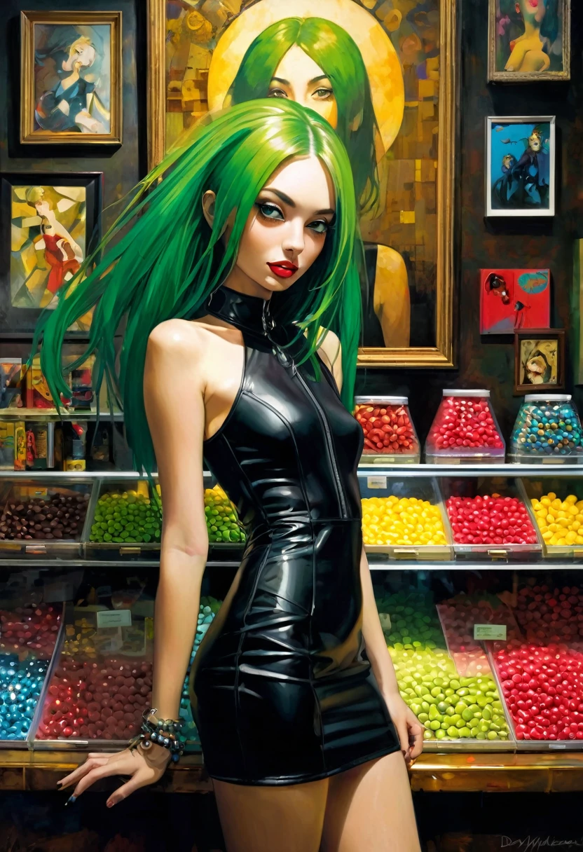 erotism , small tits, pronounced nipples,woman long green hair, full body, perfect ass {{{{1woman,realistic,photorealistic}}}}, perfect ass, good girl face, very small breasts, {{a girl with green hair in the middle of a small candy store, sexy and naughty smile, punk look, tight leather dress, pronounced nipples, (inspirational art by Dave McKean and Bill Sienkiewicz, oil painting, brushstroke details that enhance depth)(best quality,4k,8k,highres,masterpiece:1.2)(best quality,4k,8k,highres,masterpiece:1.2),ultra-detailed,(realistic,photorealistic,photo-realistic:1.37),intricate details,vivid colors,sharp focus,professional,Dave McKean artwork, oil touch of surrealism,oil painting style,portrait,woman,beautiful detailed eyes,beautiful detailed lips,dreamlike atmosphere,shadow play,soft lighting,playful pose,minimalist room,dark hues,ethereal background,fantasy elements,texture,layered composition.