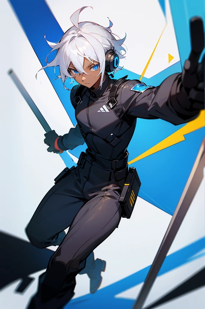 Young adult, Male, white hair, blue Eyes, African American Dark skin color, black jumpsuit, headphones, Trion Body, Armed.