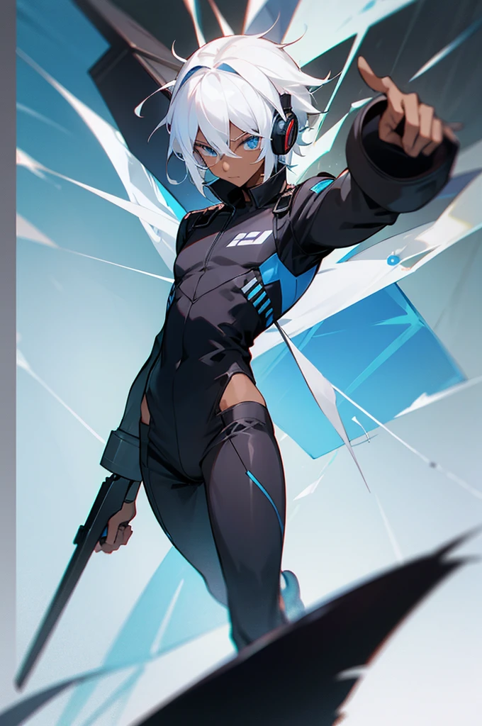 Young adult, Male, white hair, blue Eyes, African American Dark skin color, black jumpsuit, headphones, Trion Body, Armed.