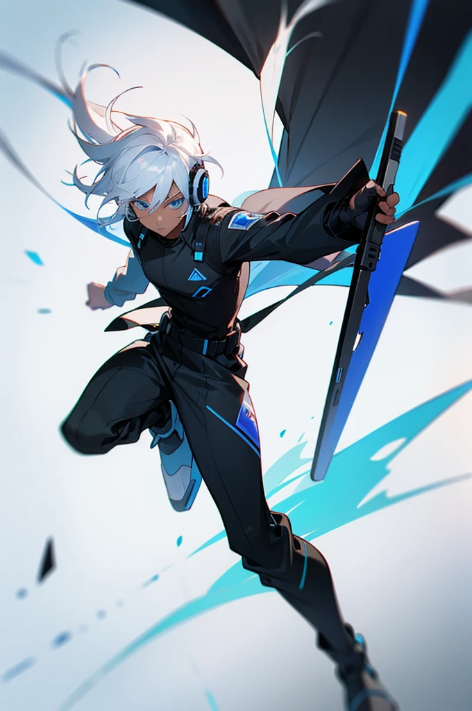 Young adult, Male, white hair, blue Eyes, African American Dark skin color, black jumpsuit, headphones, Trion Body, Armed.