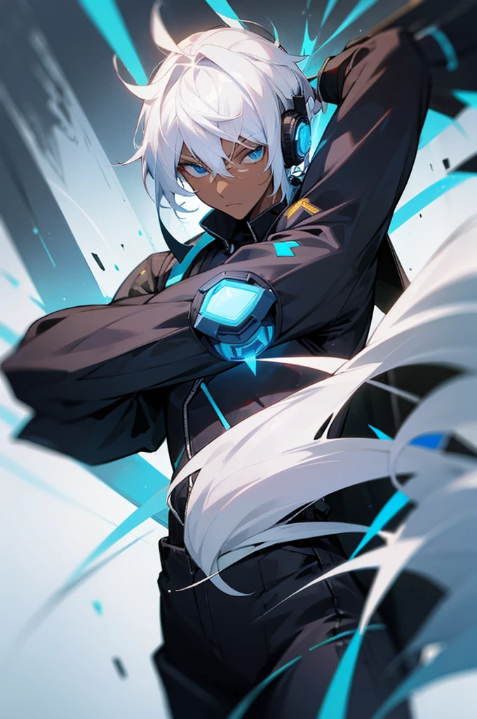 Young adult, Male, white hair, blue Eyes, African American Dark skin color, black jumpsuit, headphones, Trion Body, Armed.
