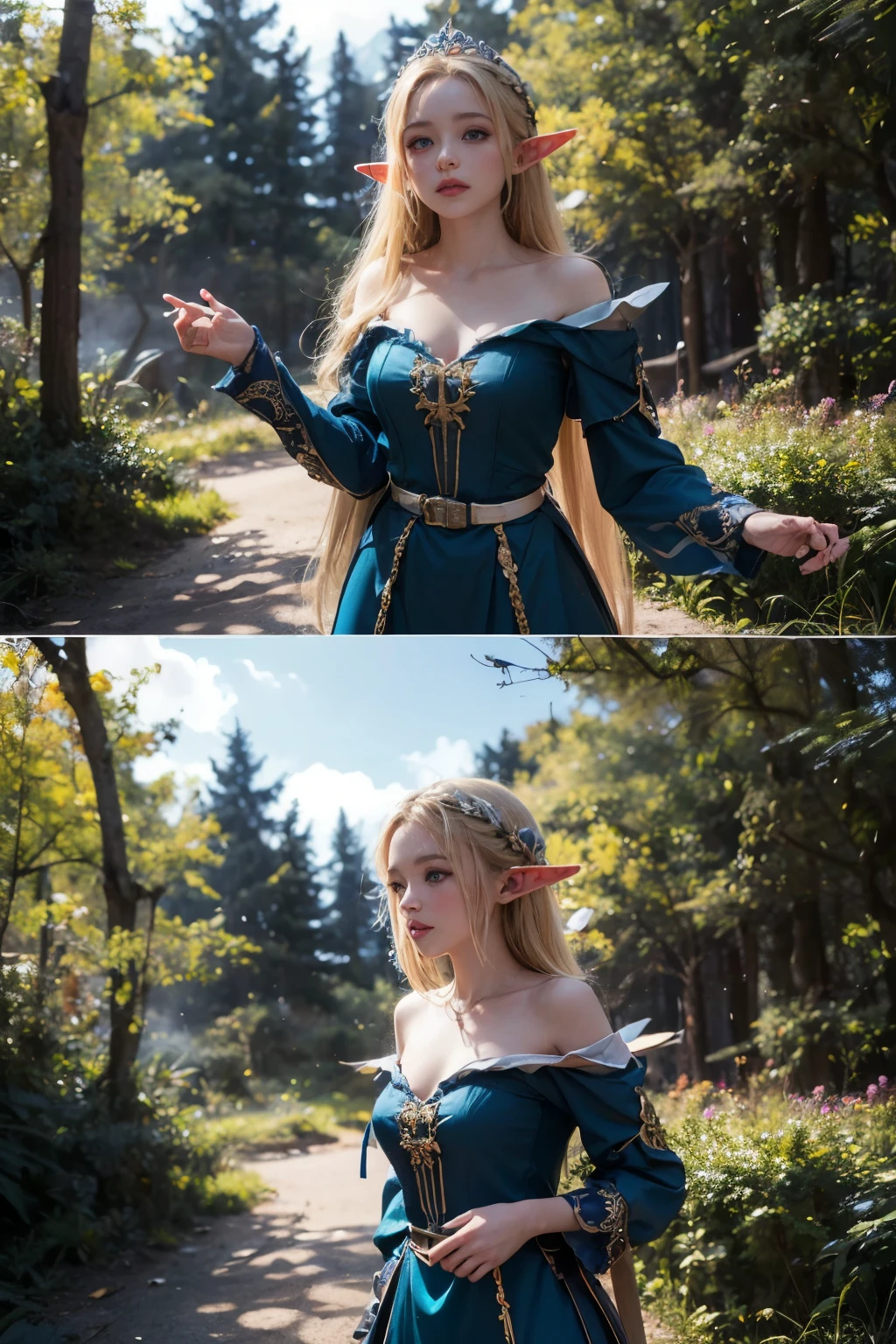 Elf,(8k, RAW Photos, highest quality, masterpiece:1.2),Super detailed,blonde,blue eyes,RPG,princess,battledress,moving,in forest