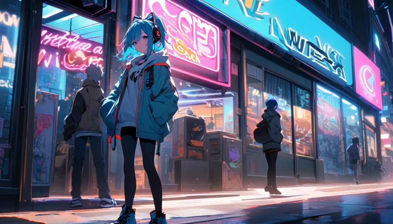 blue-haired girl, 21 years old, hoodie, headphones, neon signs, streets, blue-moon