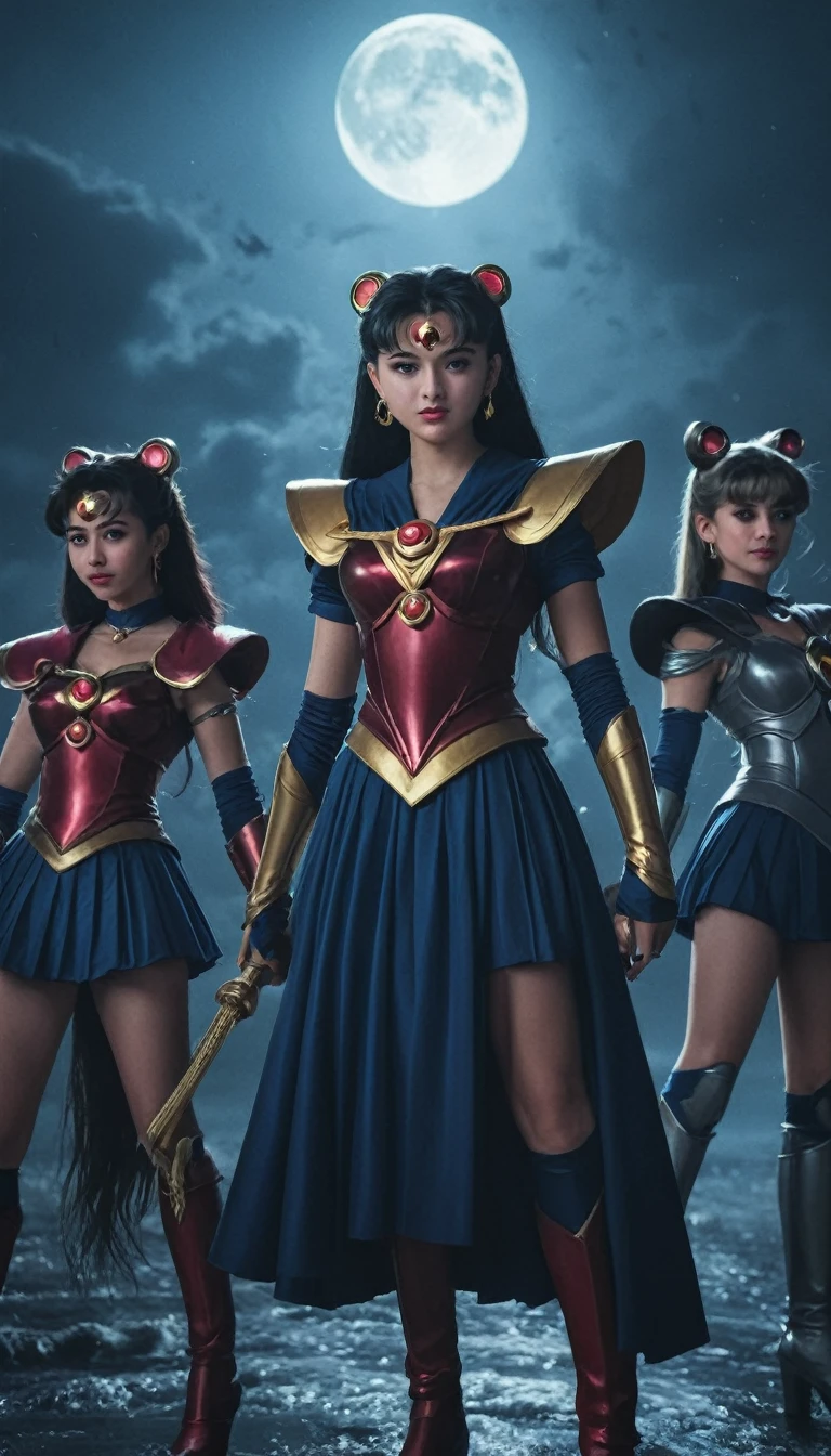 a group of female dark sailors devils, illustrated movie poster, hand-drawn, full color, (best quality,4k,8k,highres,masterpiece:1.2),ultra-detailed,(realistic,photorealistic,photo-realistic:1.37),fantasy art, dark fantasy, dramatic lighting, highly detailed, striking poses, intricate armor and clothing, glowing eyes,atmospheric background, dramatic color palette, sailor moon, sailor senshin, dark moon