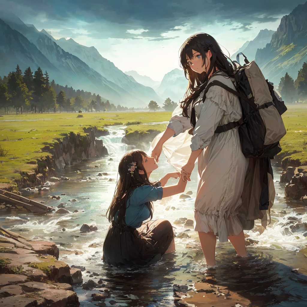 Jesus washes a woman in a river with a mountain in the background, most beautiful picture of all time, beautiful illustration, Crossing the river, Jesus walks on water, very nice photo, greg olsen, absolut herausragendes Bild, inspired von Mark Keathley, von Mark Keathley, Bibel-Illustration, Jesus umarmt eine Frau, erstaunliche Tiefe, very beautiful masterpiece, unglaubliche Kunst