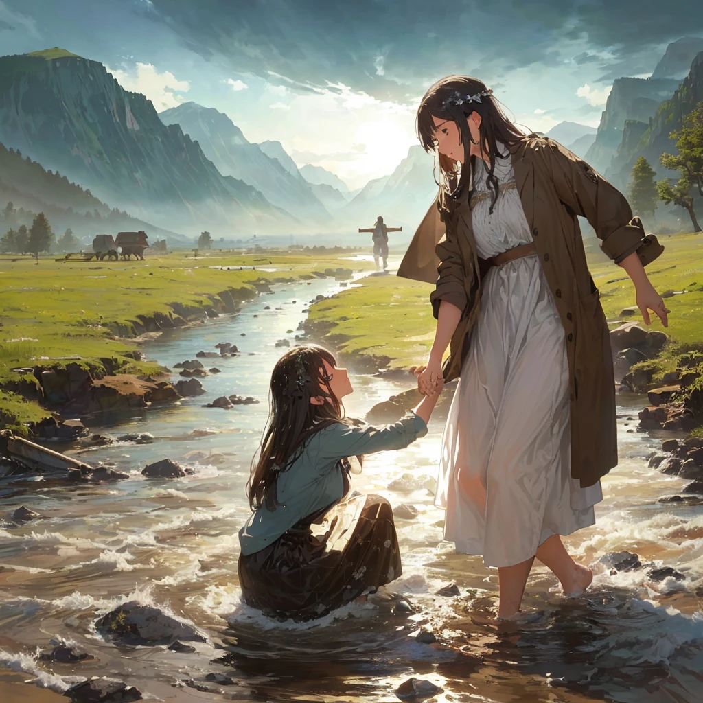 Jesus washes a woman in a river with a mountain in the background, most beautiful picture of all time, beautiful illustration, Crossing the river, Jesus walks on water, very nice photo, greg olsen, absolut herausragendes Bild, inspired von Mark Keathley, von Mark Keathley, Bibel-Illustration, Jesus umarmt eine Frau, erstaunliche Tiefe, very beautiful masterpiece, unglaubliche Kunst