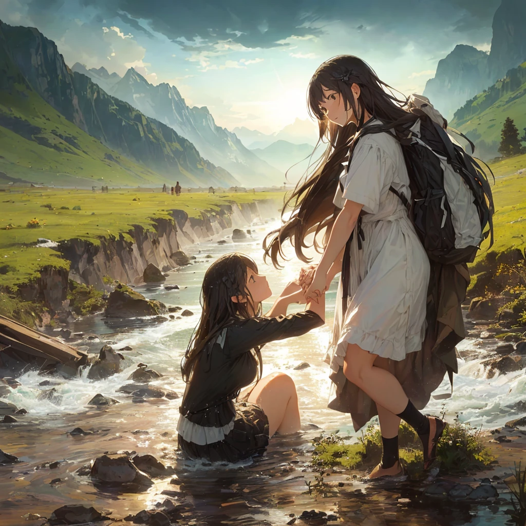 Jesus washes a woman in a river with a mountain in the background, most beautiful picture of all time, beautiful illustration, Crossing the river, Jesus walks on water, very nice photo, greg olsen, absolut herausragendes Bild, inspired von Mark Keathley, von Mark Keathley, Bibel-Illustration, Jesus umarmt eine Frau, erstaunliche Tiefe, very beautiful masterpiece, unglaubliche Kunst