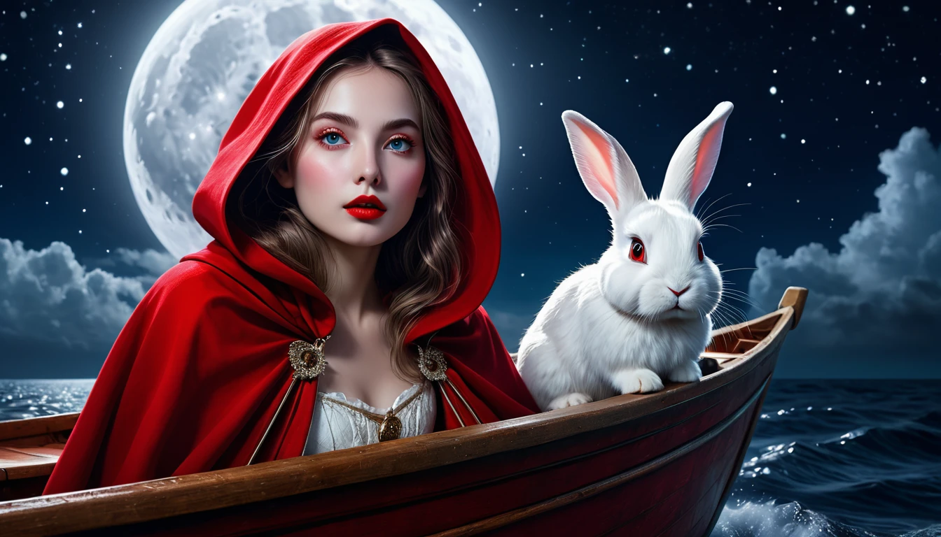 a girl in a red cloak, a white rabbit in a boat, starlit sea, full moon, night sky, digital painting, photorealistic, highly detailed, 8k, cinematic lighting, dramatic colors, beautiful detailed eyes, beautiful detailed lips, extremely detailed face and portrait, intricate details, ethereal atmosphere, mystical, enchanting