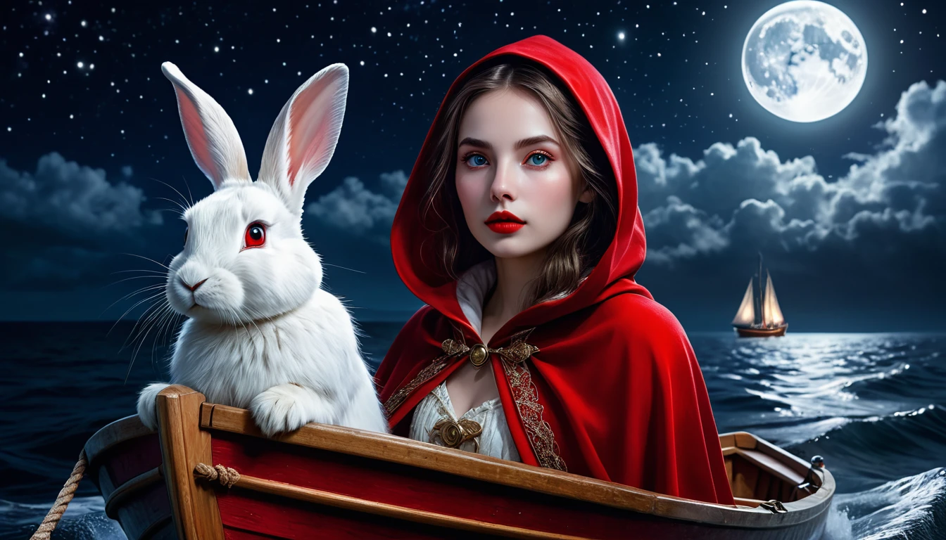 a girl in a red cloak, a white rabbit in a boat, starlit sea, full moon, night sky, digital painting, photorealistic, highly detailed, 8k, cinematic lighting, dramatic colors, beautiful detailed eyes, beautiful detailed lips, extremely detailed face and portrait, intricate details, ethereal atmosphere, mystical, enchanting