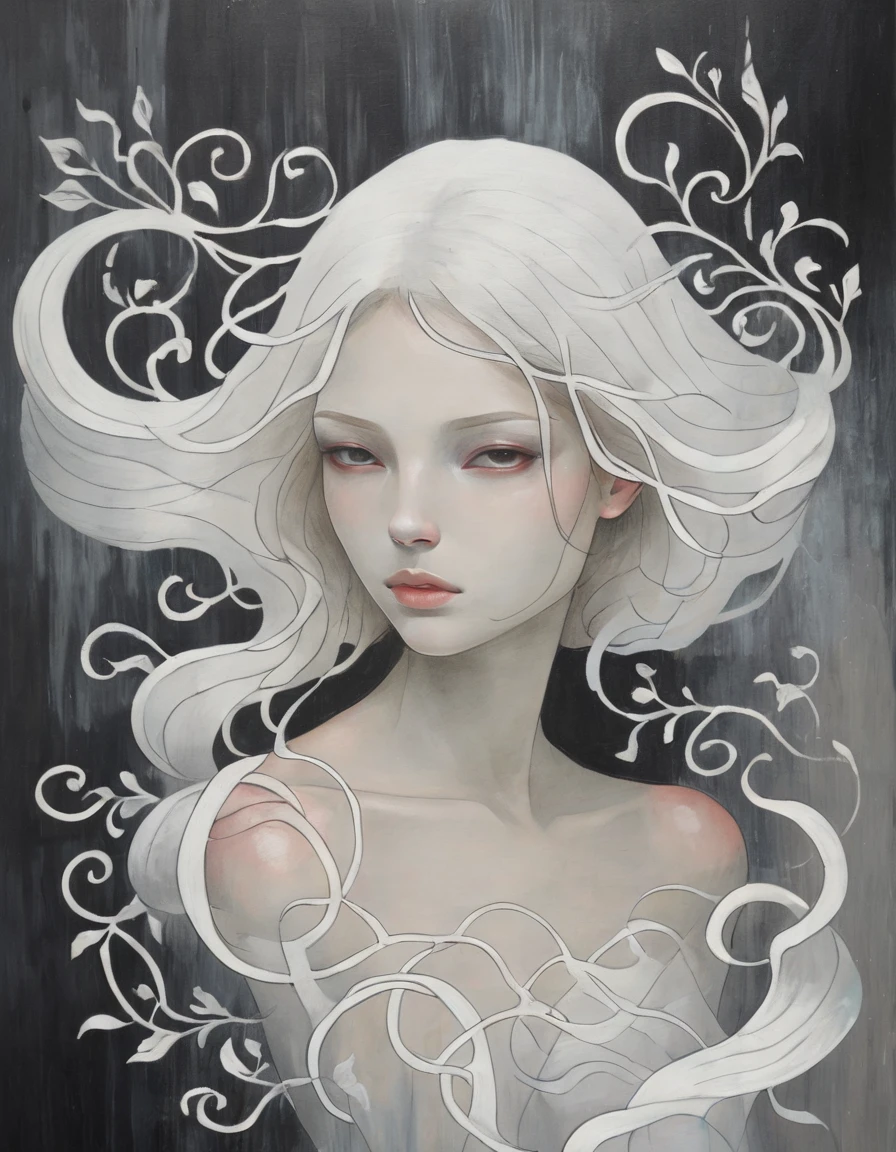 aumentar, fondo oscuro, chica, salpicadura de pintura blanca, Desvanecimiento, white interconnected wavy lines, Floral pattern