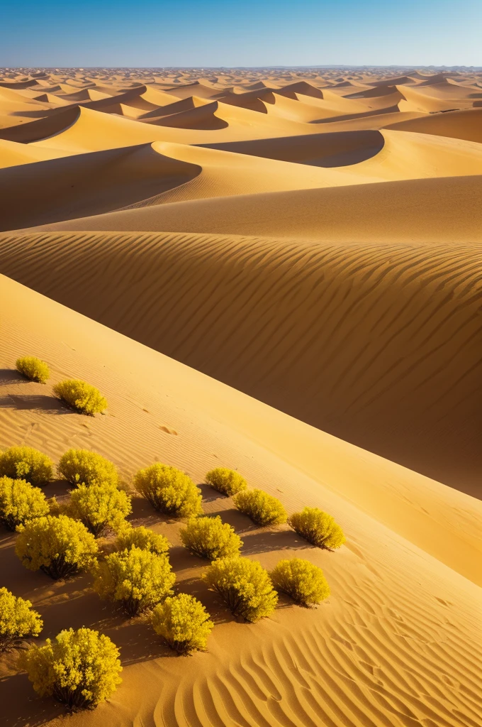 Imagem em wide, Arabian desert with yellow flower trees on the dune in the distance