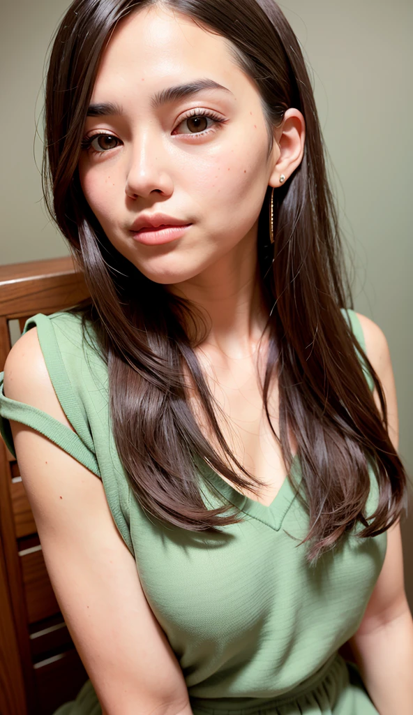 "Generate a realistic AI portrait of a young woman with an oval face and fair complexion. She has long, straight dark brown hair and large, almond-shaped dark brown eyes. Her eyebrows are thick and well-defined, and she has a small, delicate nose with full, naturally pink lips. She is looking directly at the camera with a calm and serene expression, her head slightly tilted. She is wearing a simple, modern casual top in muted green and beige colors. The background is soft and non-distracting, possibly indoors with gentle lighting."