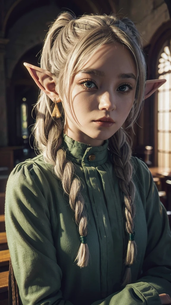 In realistic portrait of high quality and detail, Frieren (Sousou no Frieren), movie style, european, A petite elf with green eyes, thick eyebrows and long white hair parted in the middle and braided into two high pigtails. Like all elves, she has large pointed ears, 1girl, Depth & Perspective, happy look, fine face, indoors, she's stands in the ruins, antient ruins on the background, daylight, looking at viewer, (very detailed face:1.4), (capricious, private study:1.3), (Ultra-high detail:1.2), Motion photography, high details, detailed and intricate, intricate details, high intricate details, Absurd amount of detail, absurdity, high resolution, (high quality:1.2, masterpiece:1.2, :1.21)