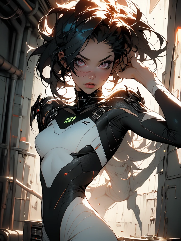 (Best Quality), ((Masterpiece), (Detail: 1.4), 3D, A Beautiful Cyberpunk Woman, HDR (High Dynamic Range), Adult Woman, Clean Face, Sensual Pose, Tanned Skin, High Contrast, Short Colored Mohawk Hair, Ray Graphics by Clothing, On A Lunar Station, Ships Can Be Seen Through The Large Window, Satin Apparel, Ray Tracing, NVIDIA RTX, Super-Resolution, Unreal 5, Subsurface Scattering, PBR Textures,  Post-Processing, Anisotropic Filtering, Depth of Field, Maximum Sharpness and Sharpening, Multilayer Textures, Albedo and Enhancement Maps, Surface Shading, Accurate simulation of light-material interactions, perfect proportions, Octane Render, Two-color light, large aperture, low ISO, white balance, rule of thirds, 8K RAW,