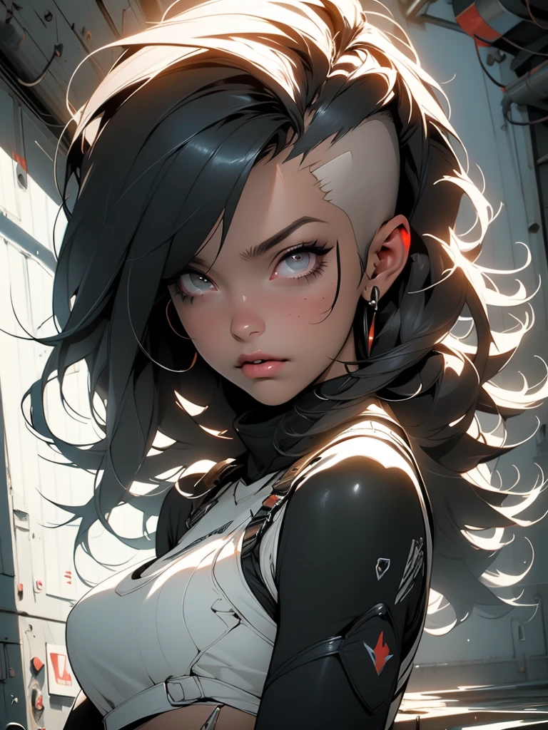 (Best Quality), ((Masterpiece), (Detail: 1.4), 3D, A Beautiful Cyberpunk Woman, HDR (High Dynamic Range), Adult Woman, Clean Face, Sensual Pose, Tanned Skin, High Contrast, Short Colored Mohawk Hair, Ray Graphics by Clothing, On A Lunar Station, Ships Can Be Seen Through The Large Window, Satin Apparel, Ray Tracing, NVIDIA RTX, Super-Resolution, Unreal 5, Subsurface Scattering, PBR Textures, Post-Processing, Anisotropic Filtering, Depth of Field, Maximum Sharpness and Sharpening, Multilayer Textures, Albedo and Enhancement Maps, Surface Shading, Accurate simulation of light-material interactions, perfect proportions, Octane Render, Two-color light, large aperture, low ISO, white balance, rule of thirds, 8K RAW,