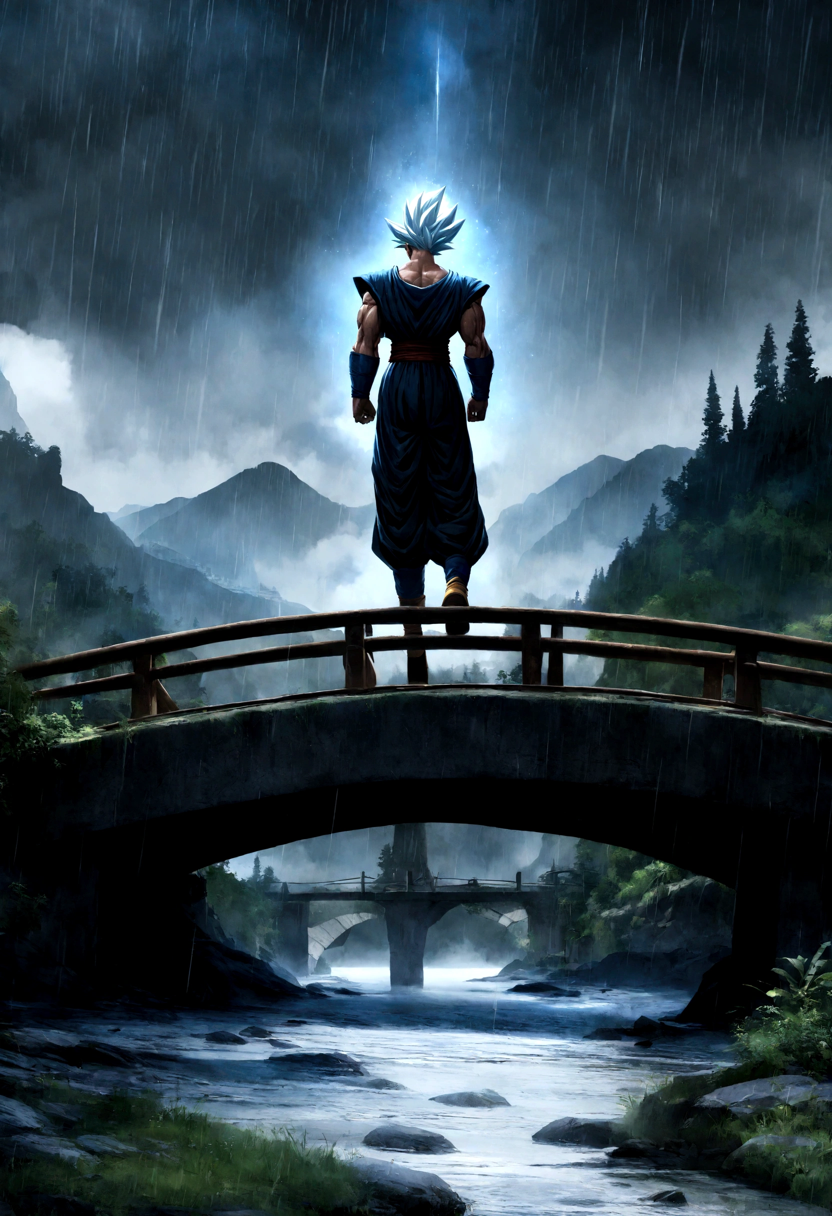Create a beautiful image of Goku from Dragon Ball Super in his Mastered Ultra Instinct (MUI) form, walking in a valley on a bridge during a rainy day. The scene should be both realistic and picturesque.
