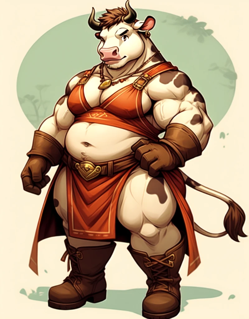 A chubby muscular anthropomorphic cow a skimpy tunic, boots, and gloves