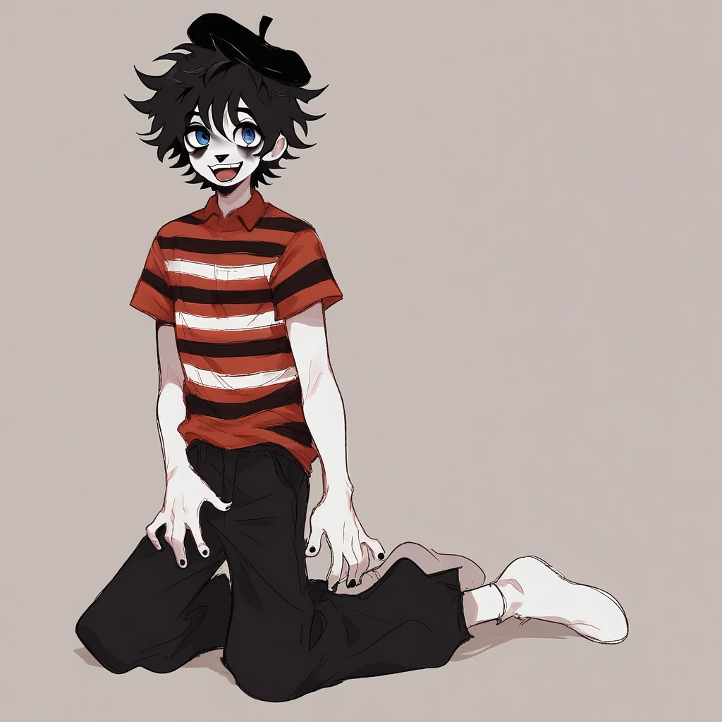 young adult male mime, shirt grunge, sketchy lines, messy hair, black hair, wearing a beret, score_8_up, score_9_up,happy, has mime makeup on, wearing a mime outfit, dark blue eyes, performing on the streets of paris, miming, showing full body, on a city street, solo, alone, (SOLO)(ALONE) Dancing
