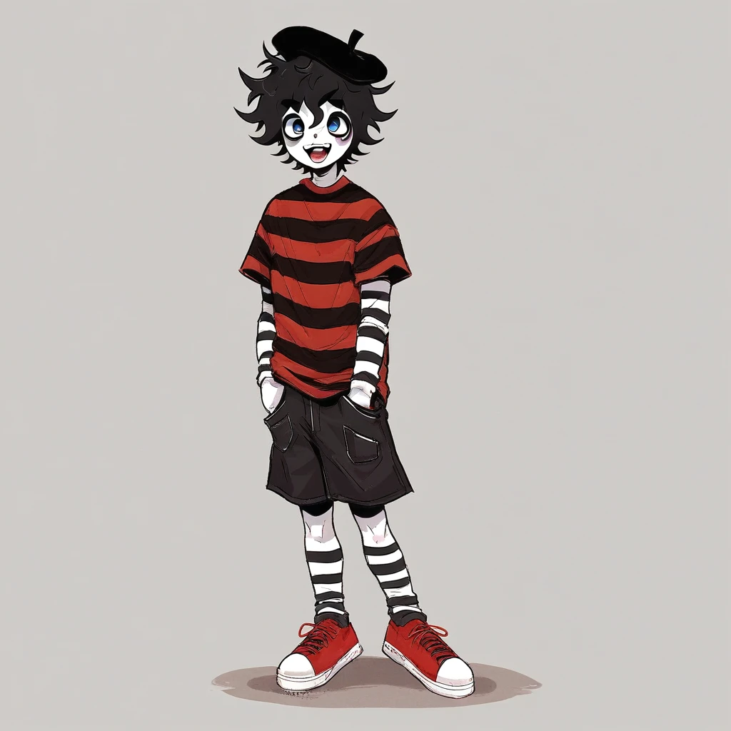 young adult male mime, shirt grunge, sketchy lines, messy hair, black hair, wearing a beret, score_8_up, score_9_up,happy, has mime makeup on, wearing a mime outfit, dark blue eyes, performing on the streets of paris, miming, showing full body, on a city street, solo, alone, (SOLO)(ALONE) Dancing