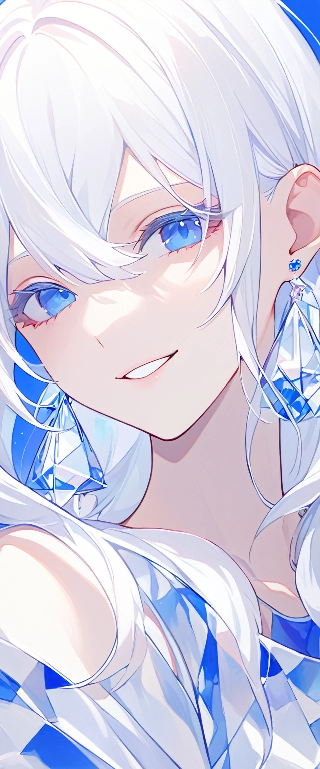 The Minimalists,Fashion Girl,white hair,Blue Background,Wear special earrings,Bohemian style,Clear lashes,full of bright blue eyes,Clean通透的眼珠,close up,Portrait facing camera,Smile flat illustration,geometry,Clean,Japanese Manga
