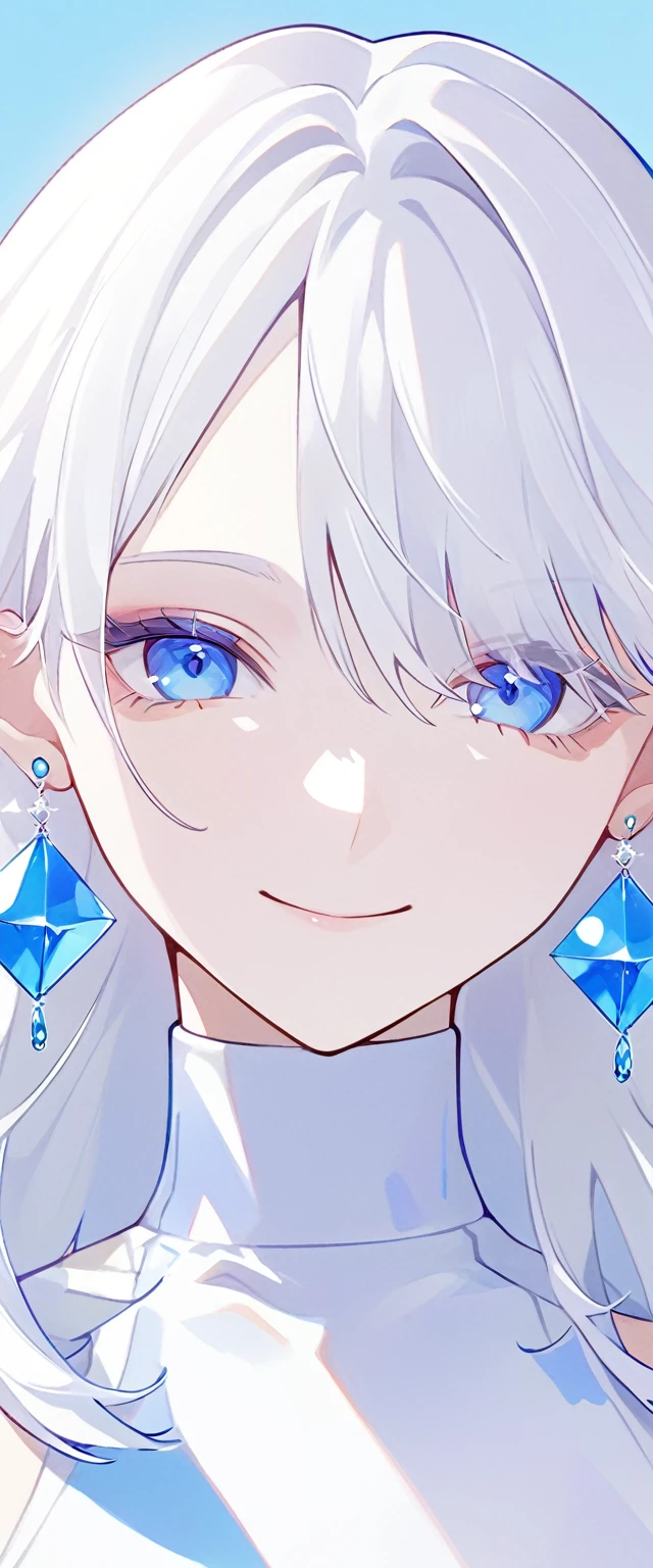 The Minimalists,Fashion Girl,white hair,Blue Background,Wear special earrings,Bohemian style,Clear lashes,full of bright blue eyes,Clean通透的眼珠,close up,Portrait facing camera,Smile flat illustration,geometry,Clean,Japanese Manga
