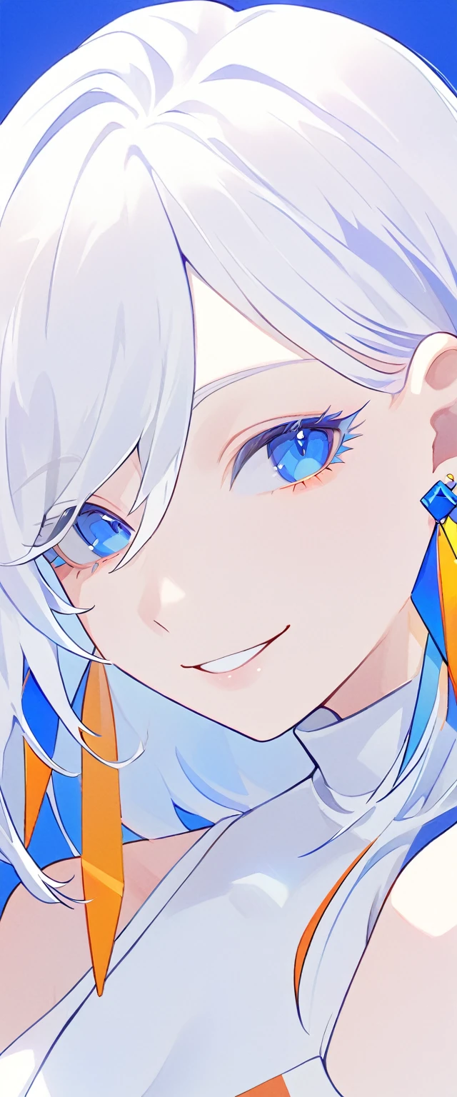 The Minimalists,Fashion Girl,white hair,Blue Background,Wear special earrings,Bohemian style,Clear lashes,full of bright blue eyes,Clean通透的眼珠,close up,Portrait facing camera,Smile flat illustration,geometry,Clean,Japanese Manga