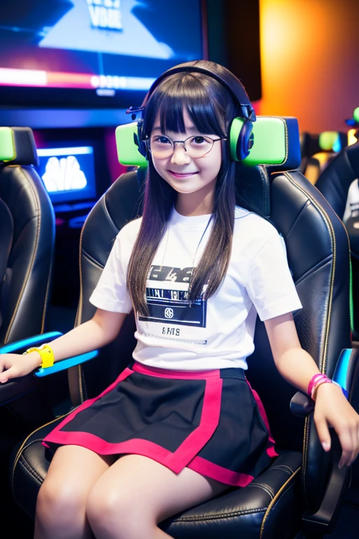 A cute 6 Japanese girl is sitting on a chair designed for gamers and playing games in a professional gaming room with a large screen, a spacious room designed for professional gamers.
The girl wear transparent colorful virtual reality colorful white glasses, she wears a short skirt,
Photo of the entire room,
The sign reads "VICTORIA VR"