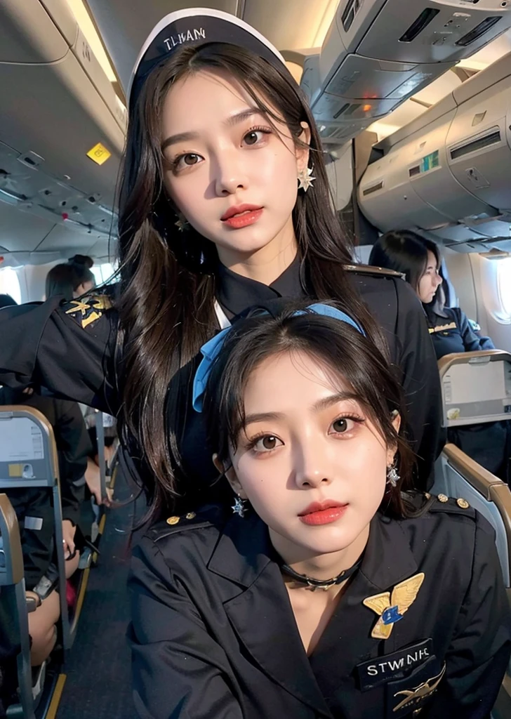 highest quality, masterpiece, 8k, Ultra-high resolution, (Realistic:1.4), Very detailed, Intricate details, Delicate and beautiful, Good lighting, Professional Lighting, Sharp focus, Detailed Shadows, Exquisite detail and texture, Depth of written boundary, unity 8k wallpaper, Structure of the film, Cinema Lighting, Official Art, flight attendant, flight attendant, Black Pantyhose, (aircraft, (aircraft回廊), aircraftの座席) Beautiful and elegant face, Detailed face, Fine grain, Realistic Hair, Long Hair, (One girl), (Are standing:1.3),