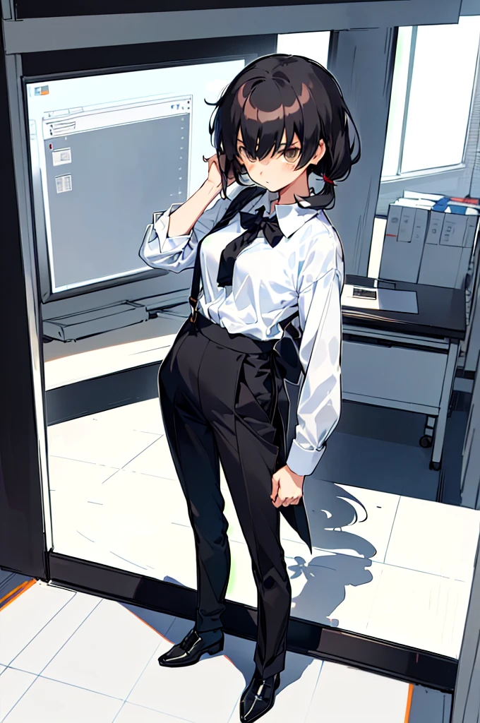 (finely best quality illustration:1.2), (kawaii girl:1.0), (1girl, solo:1.0), (black short hair:1.0), (((shy girl))), (((1 Girl))), (((standing up))), (((full body))), ((small breasts)), ((((Urabe Mikoto Mysterious Girlfriend X anime style haircut)))), (((long hair bangs covering her eyes))), (((((eyes hiding behind hair))))), (((black wavy hair))), ((((black high-waist long slacks)))), ((black suspenders)), (((black tie))), (((women's dress shirt))), ((women's dress shoes)), ((20-year-old Office Lady)), ((((Office Setting))), (ultra-detailed, highres:1.0),