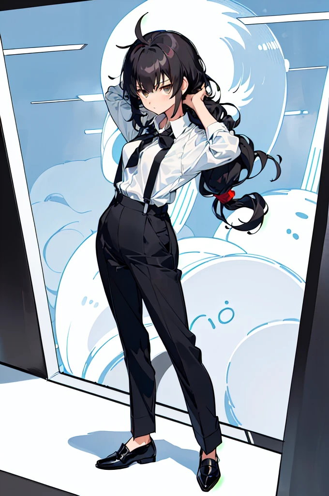 (finely best quality illustration:1.2), (kawaii girl:1.0), (1girl, solo:1.0), (black short hair:1.0), (((shy girl))), (((1 Girl))), (((standing up))), (((full body))), ((small breasts)), ((((Urabe Mikoto Mysterious Girlfriend X anime style haircut)))), (((long hair bangs covering her eyes))), (((((eyes hiding behind hair))))), (((black wavy hair))), ((((black high-waist long slacks)))), ((black suspenders)), (((black tie))), (((women's dress shirt))), ((women's dress shoes)), ((20-year-old Office Lady)), ((((Office Setting))), (ultra-detailed, highres:1.0),