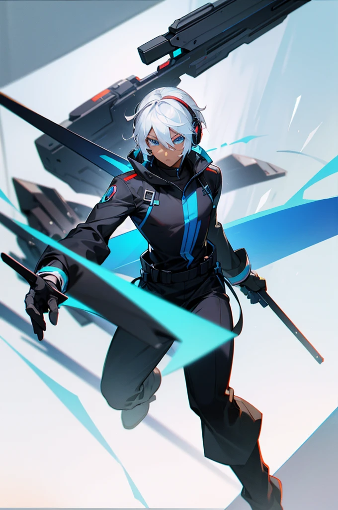 Young adult, Male, white hair, blue Eyes, African American Dark skin color, black jumpsuit, headphones, Trion Body, Armed.