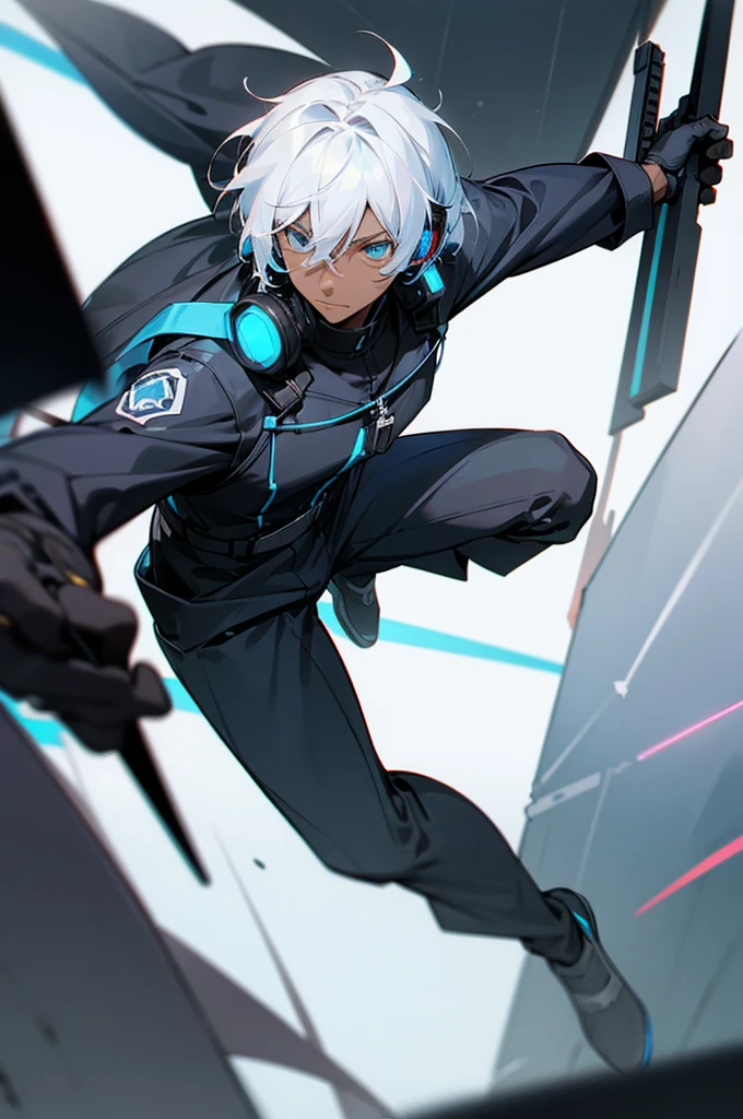 Young adult, Male, white hair, blue Eyes, African American Dark skin color, black jumpsuit, headphones, Trion Body, Armed.