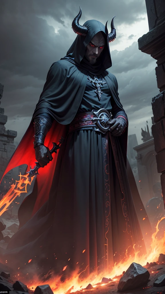 Characters: Satan, Description: a menacing figure with dark robes and piercing red eyes, Era: ancient biblical times, Clothing: dark and menacing robes, Location: a shadowy realm, Action: observing Job's prosperity with envy, Background: stormy and foreboding landscape, Shot type: medium shot, Style: hyper-realistic, photo realism, cinematography