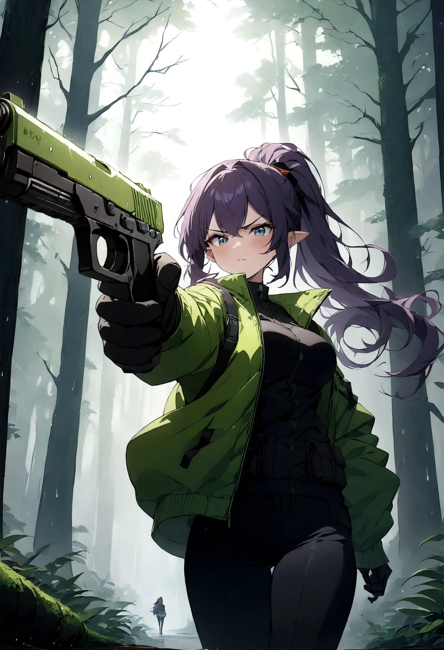 (masterpiece, best quality:1.2) best quality, girl design, portrait, anime image,22 years old, long hair, purple hair, angry and focused look, blue eyes, human ears, neon green windbreaker jacket, vampire teeth, black tank bra, black tight pants, black gloves, green gun , round thick giant breasts, ((medium breasts)), wet, soft rain, raining, in a forest, full body, anime style, blurry, masterpiece, highres