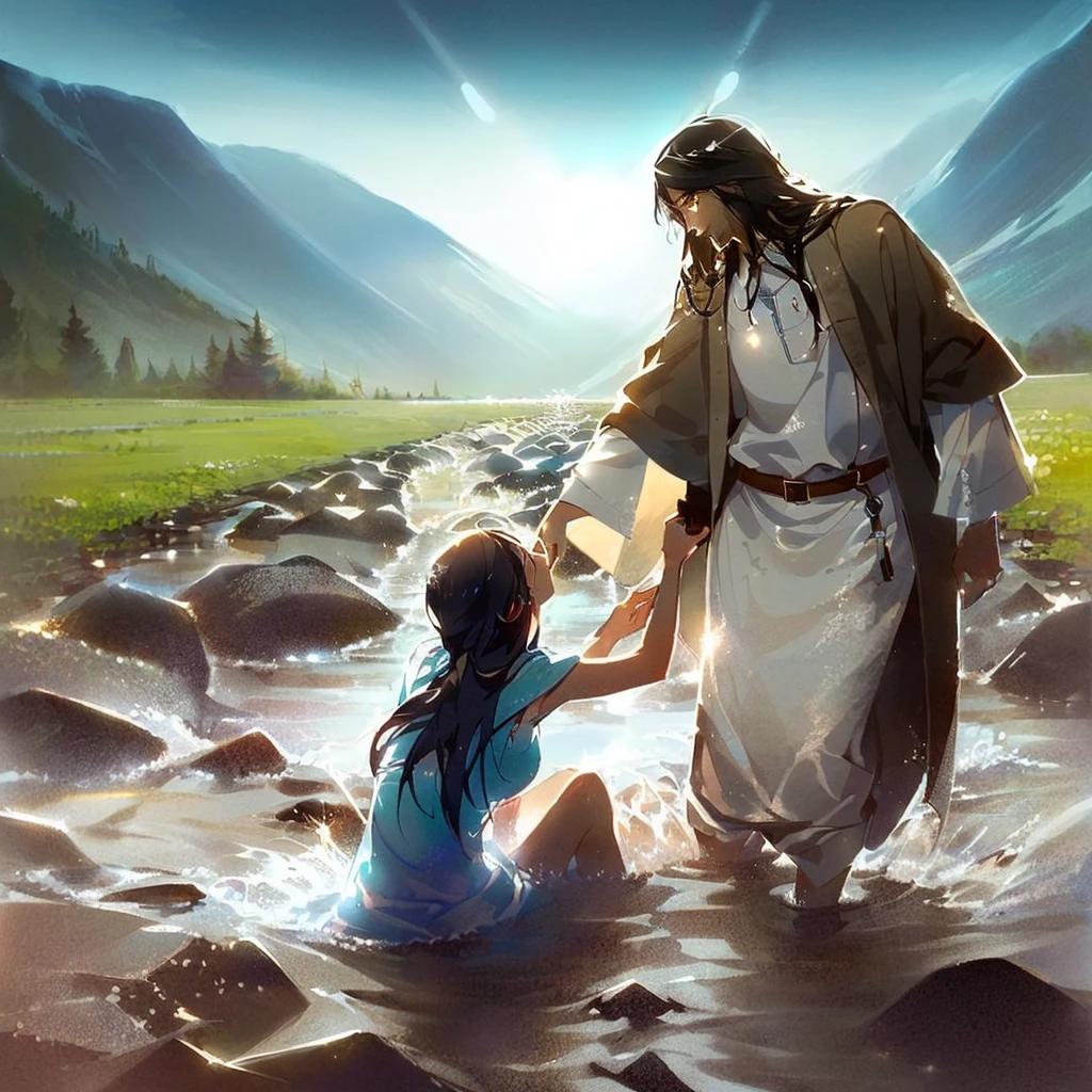Jesus washes a woman in a river with a mountain in the background, most beautiful picture of all time, beautiful illustration, Crossing the river, Jesus walks on water, very nice photo, greg olsen, absolut herausragendes Bild, inspired von Mark Keathley, von Mark Keathley, Bibel-Illustration, Jesus umarmt eine Frau, erstaunliche Tiefe, very beautiful masterpiece, unglaubliche Kunst