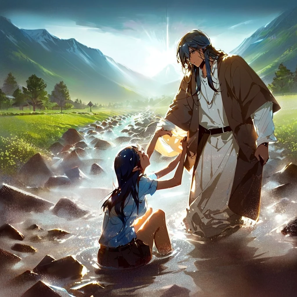 Jesus washes a woman in a river with a mountain in the background, most beautiful picture of all time, beautiful illustration, Crossing the river, Jesus walks on water, very nice photo, greg olsen, absolut herausragendes Bild, inspired von Mark Keathley, von Mark Keathley, Bibel-Illustration, Jesus umarmt eine Frau, erstaunliche Tiefe, very beautiful masterpiece, unglaubliche Kunst